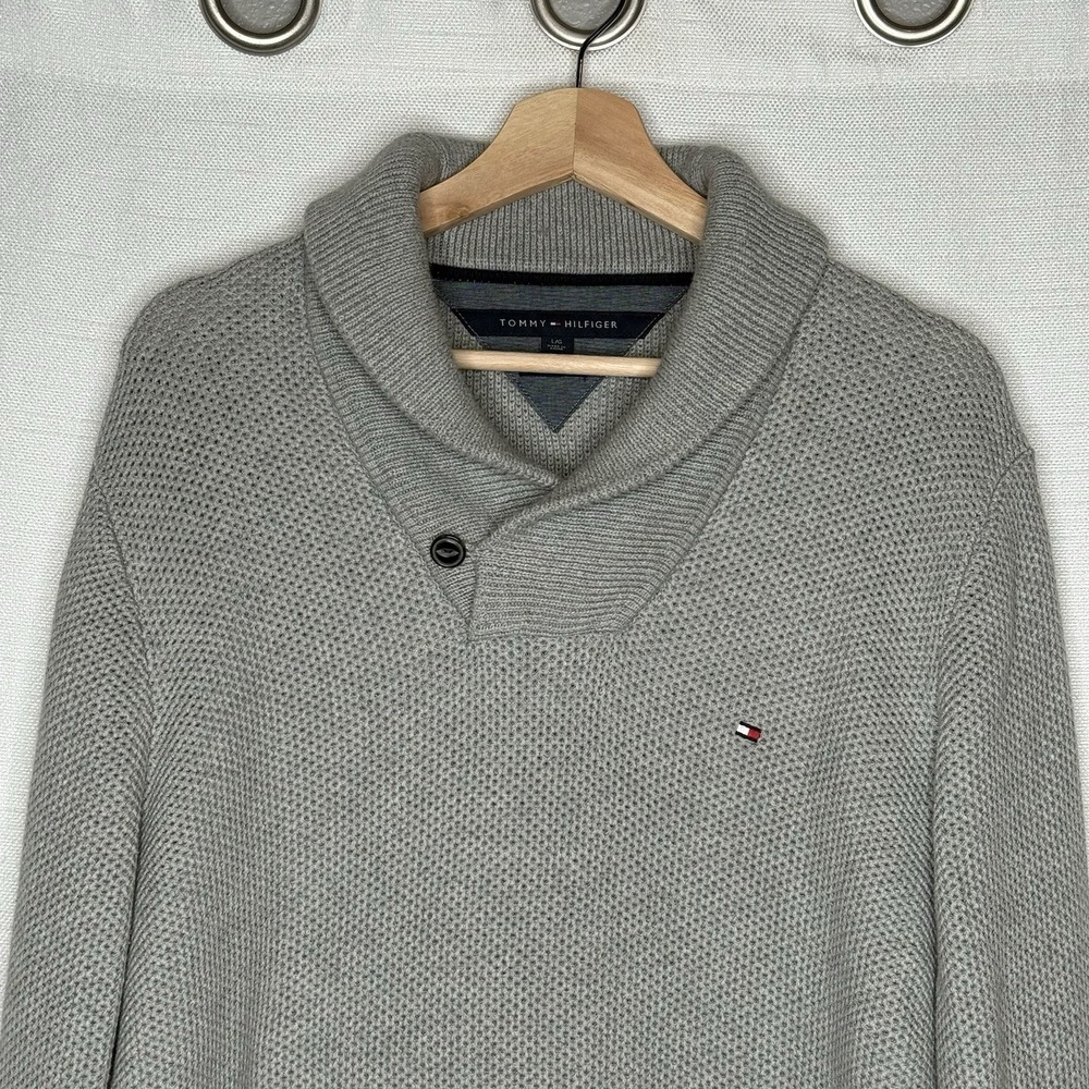 Tommy Hilfiger Gray‎ Shawl Collar Pullover Sweater Mens Large Cotton Wool Preppy
